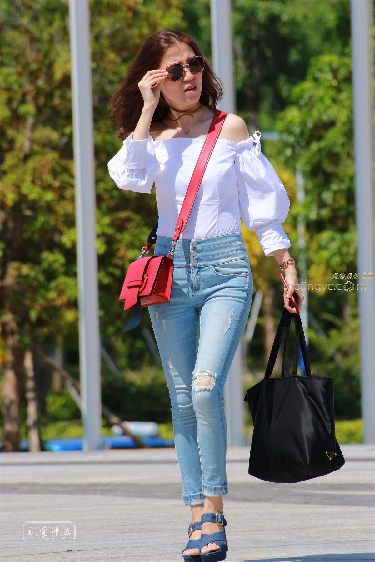 凉高跟 一字肩 浅蓝色紧牛少妇-日更街拍